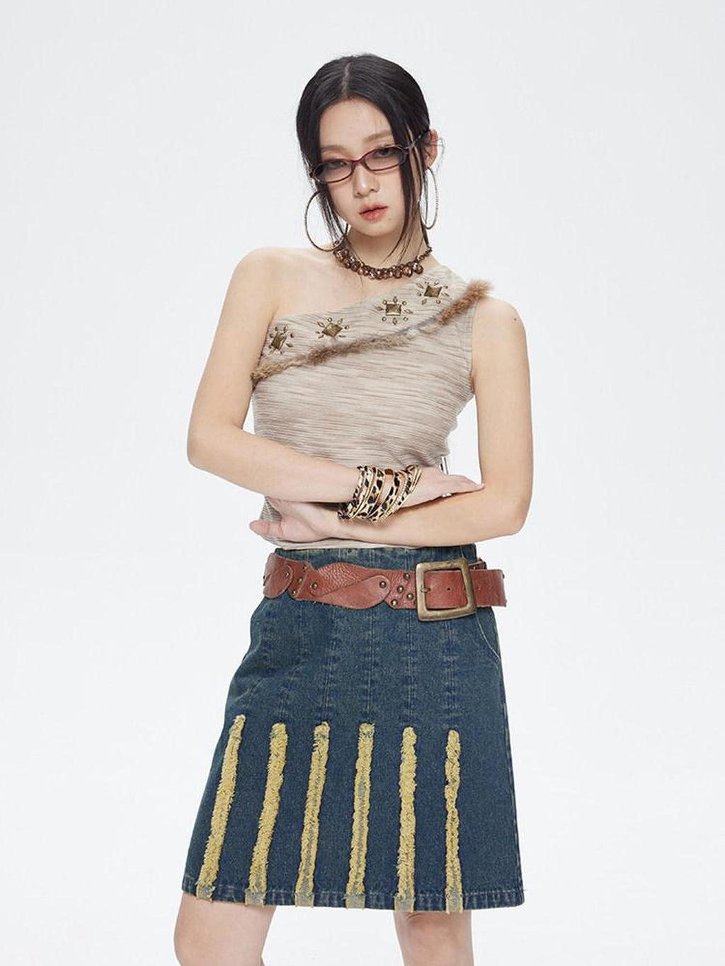 NextPassport MOF Vintage Blue Striped Distressed Frayed Hem A Line Women's Polyester Midi Skirts