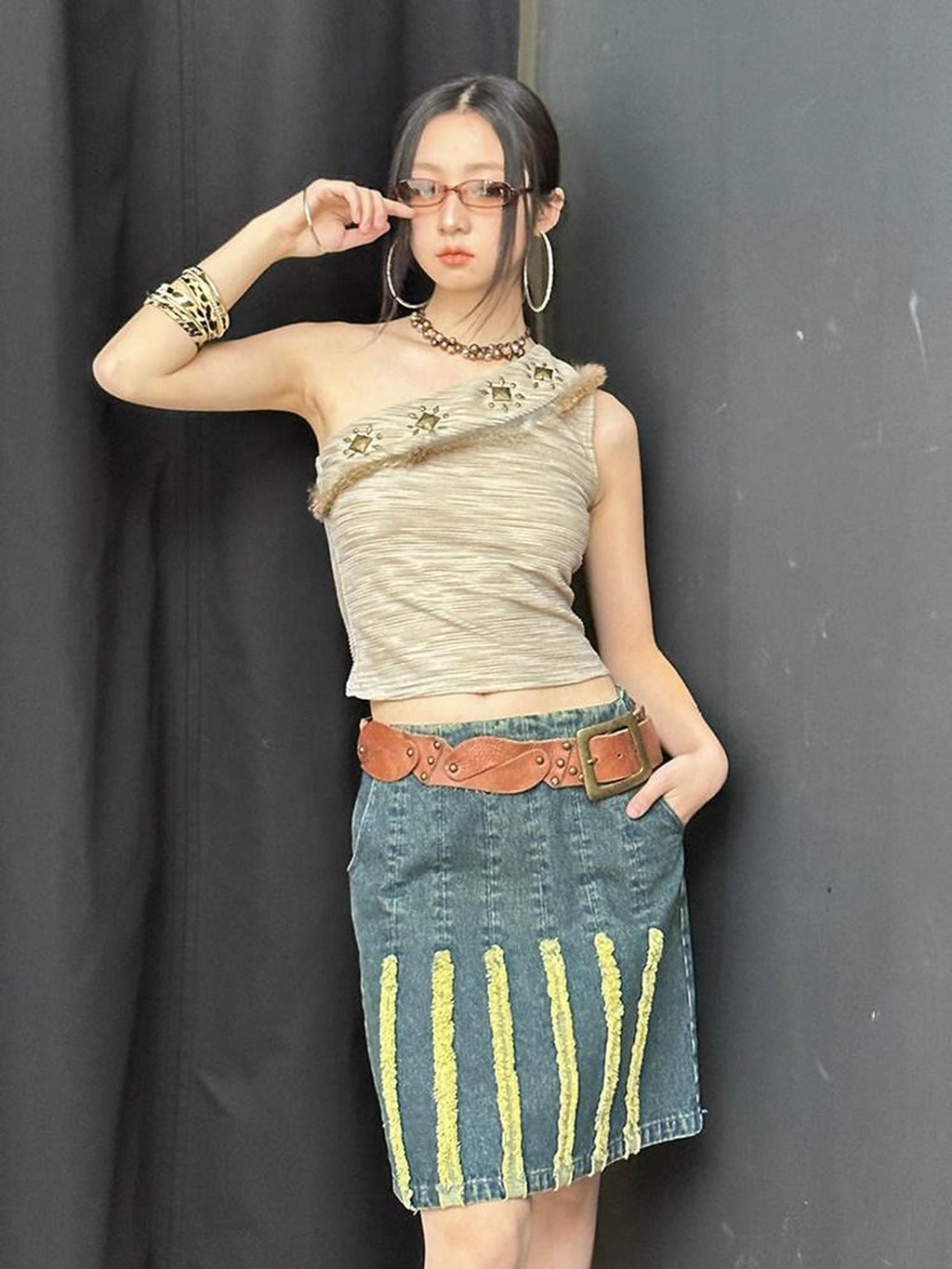 NextPassport MOF Vintage Blue Striped Distressed Frayed Hem A Line Women's Polyester Midi Skirts