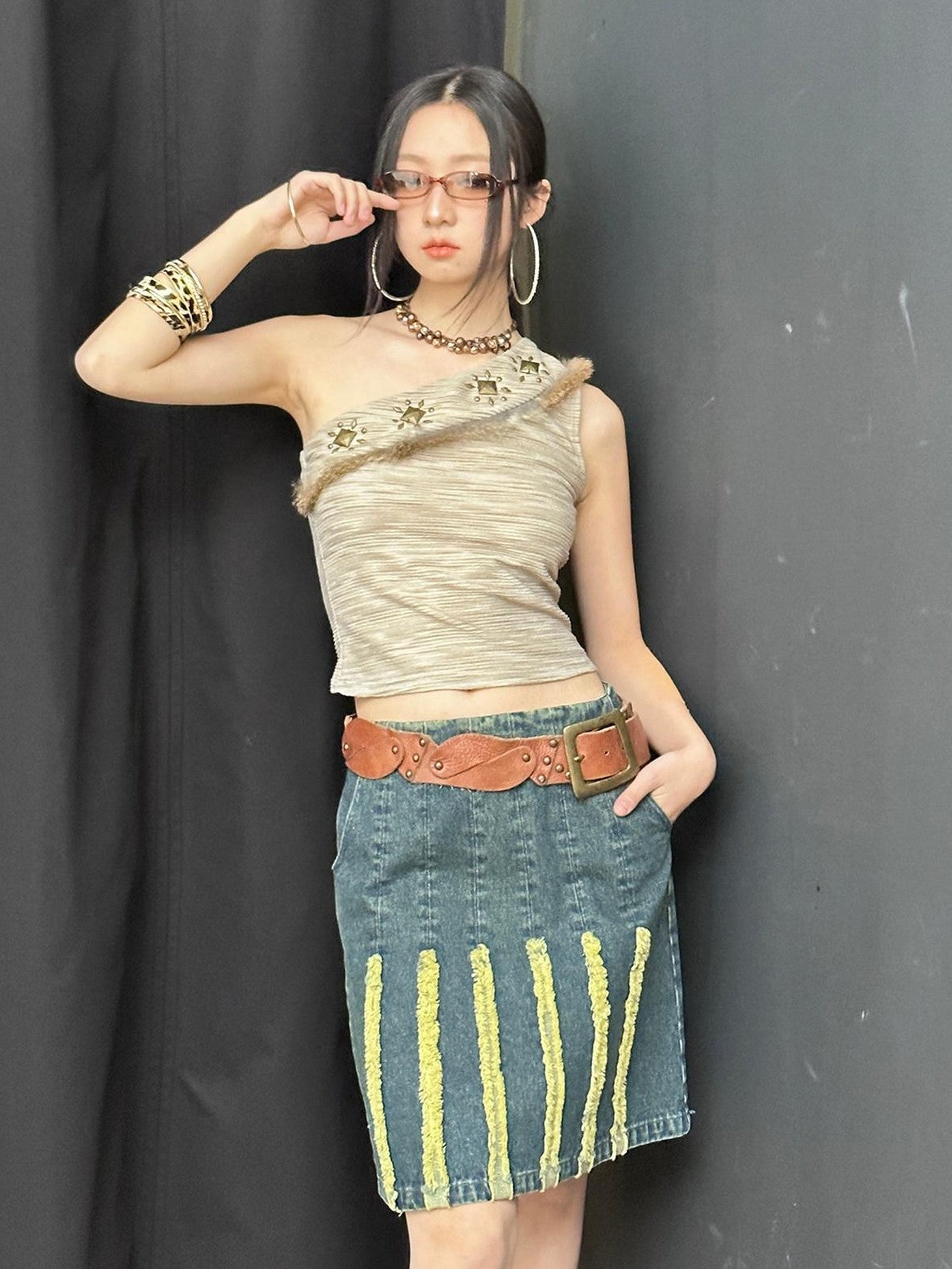NextPassport MOF Vintage Blue Striped Distressed Frayed Hem A Line Women's Polyester Midi Skirts