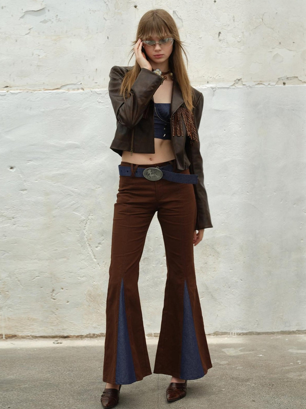 NextPassport MOF Vintage Brown Fringe Notched Lapel Women's Cropped Straight Button Blazers