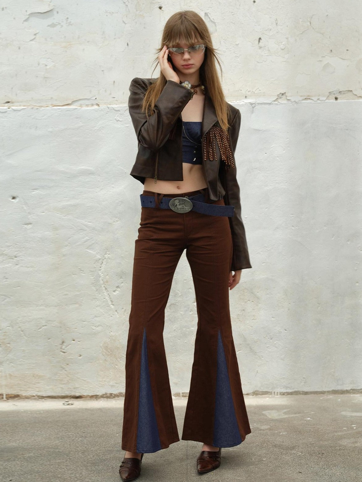 NextPassport MOF Vintage Brown Fringe Notched Lapel Women's Cropped Straight Button Blazers