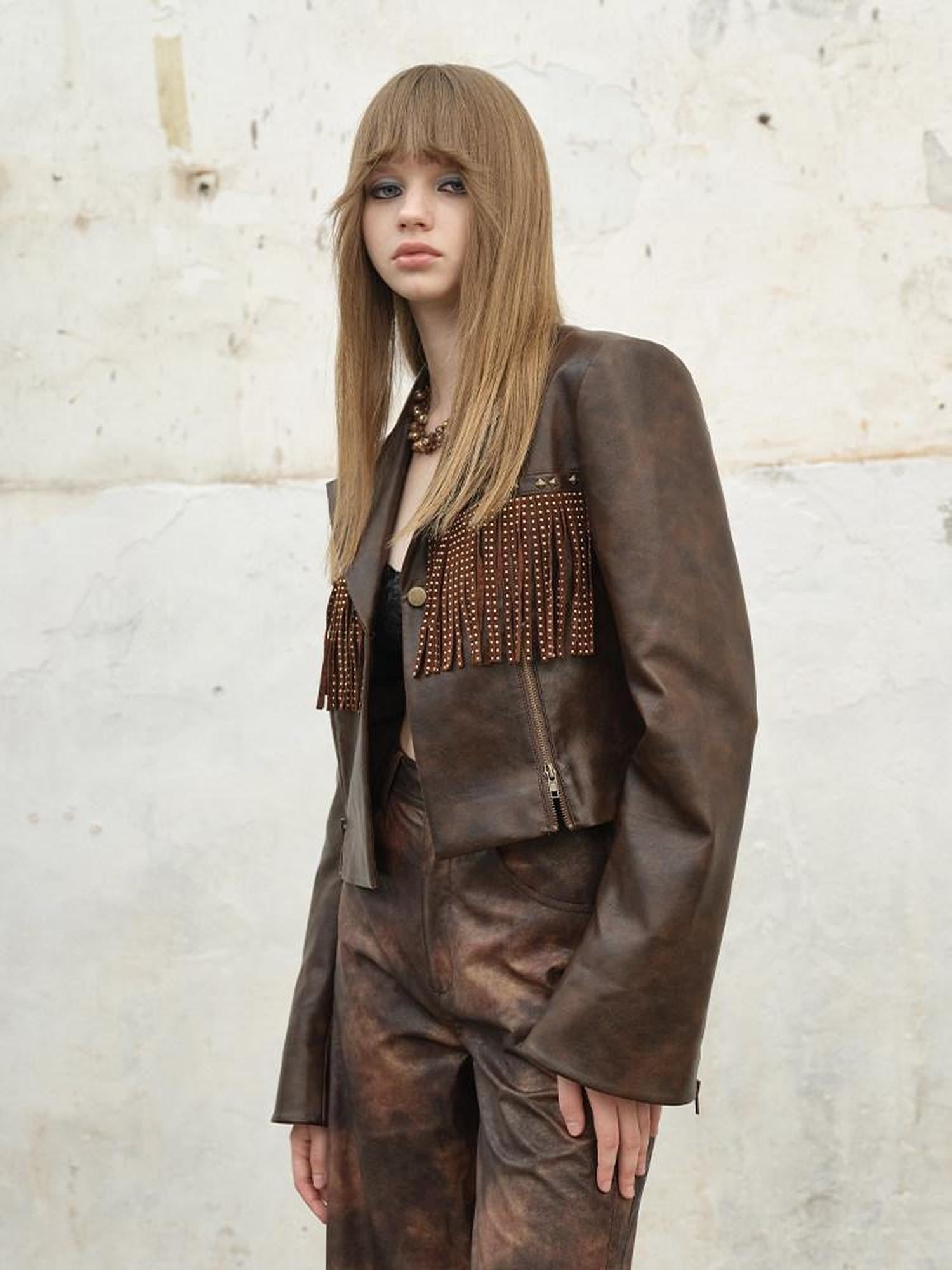 NextPassport MOF Vintage Brown Fringe Notched Lapel Women's Cropped Straight Button Blazers