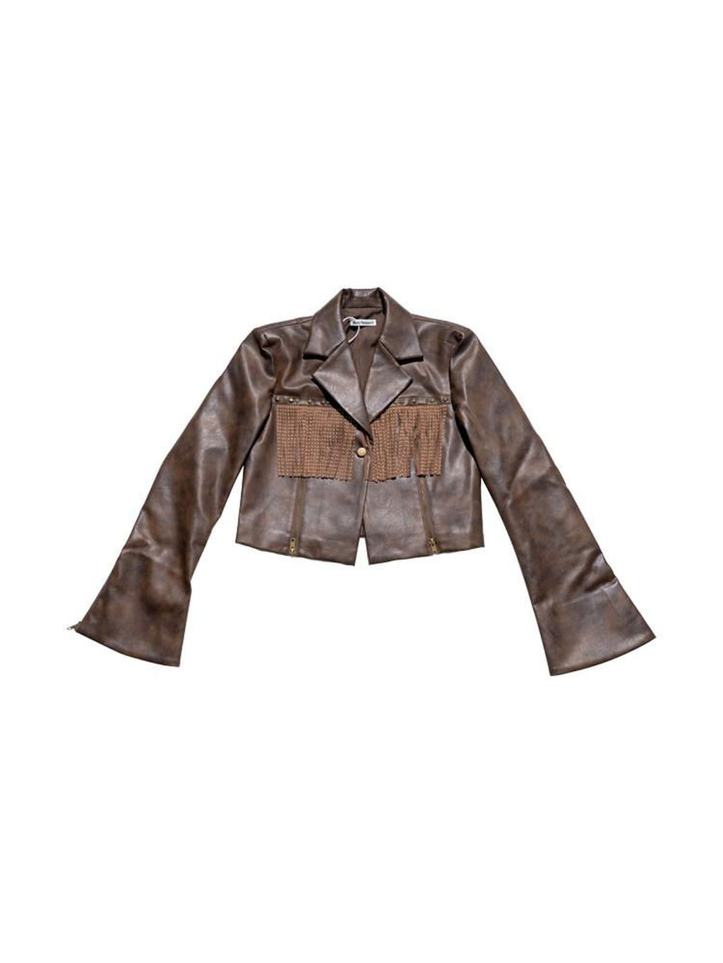 NextPassport MOF Vintage Brown Fringe Notched Lapel Women's Cropped Straight Button Blazers