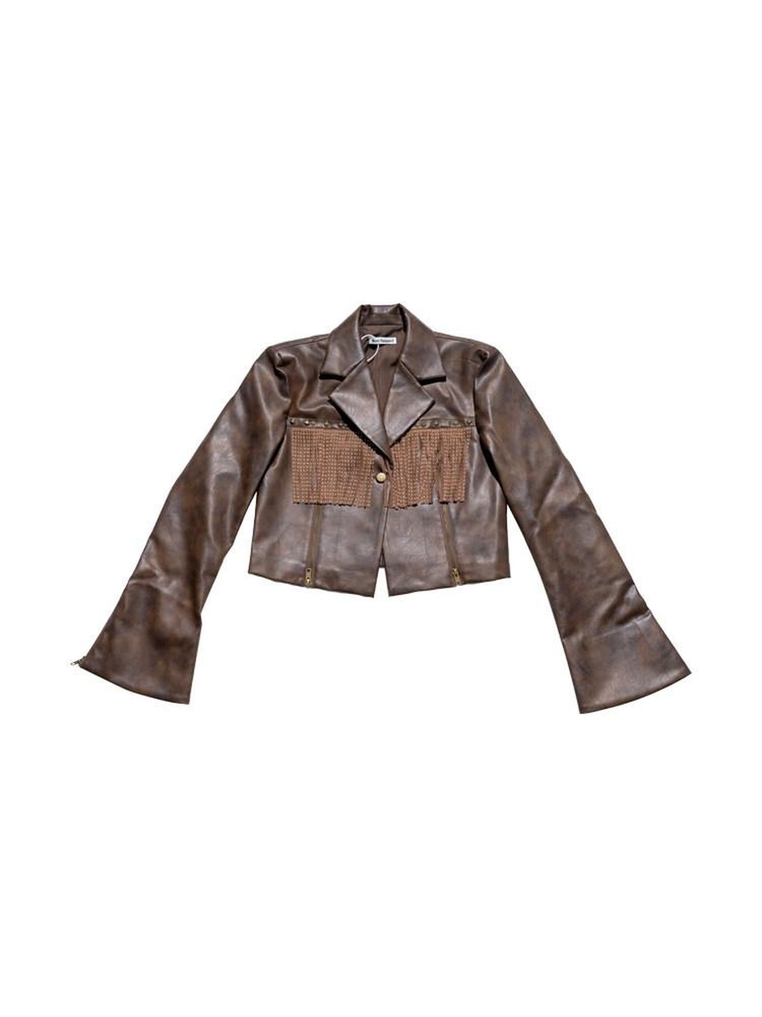 NextPassport MOF Vintage Brown Fringe Notched Lapel Women's Cropped Straight Button Blazers