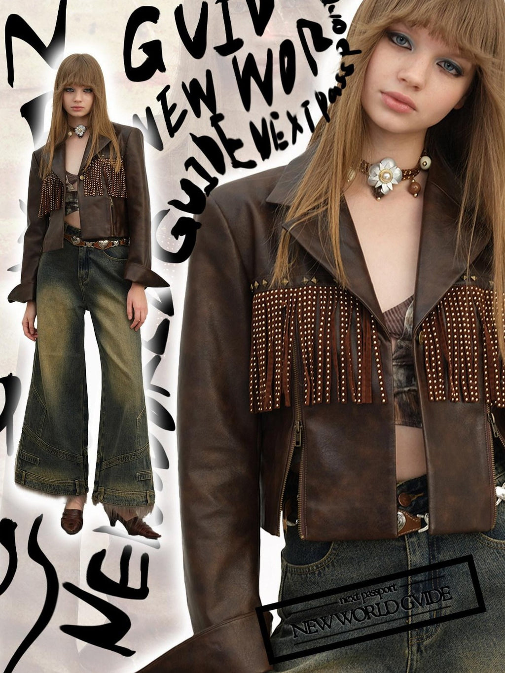 NextPassport MOF Vintage Brown Fringe Notched Lapel Women's Cropped Straight Button Blazers