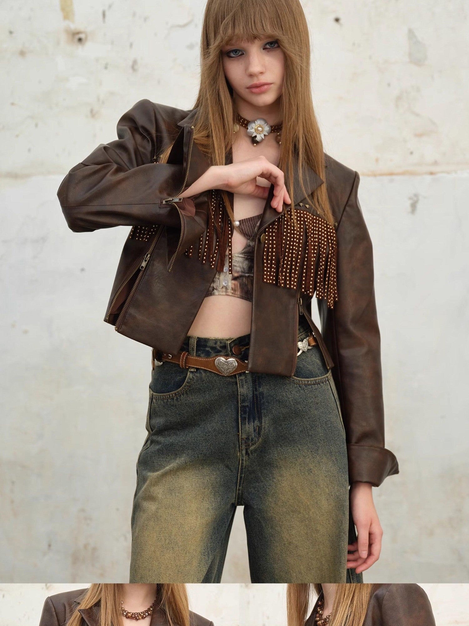 NextPassport MOF Vintage Brown Fringe Notched Lapel Women's Cropped Straight Button Blazers