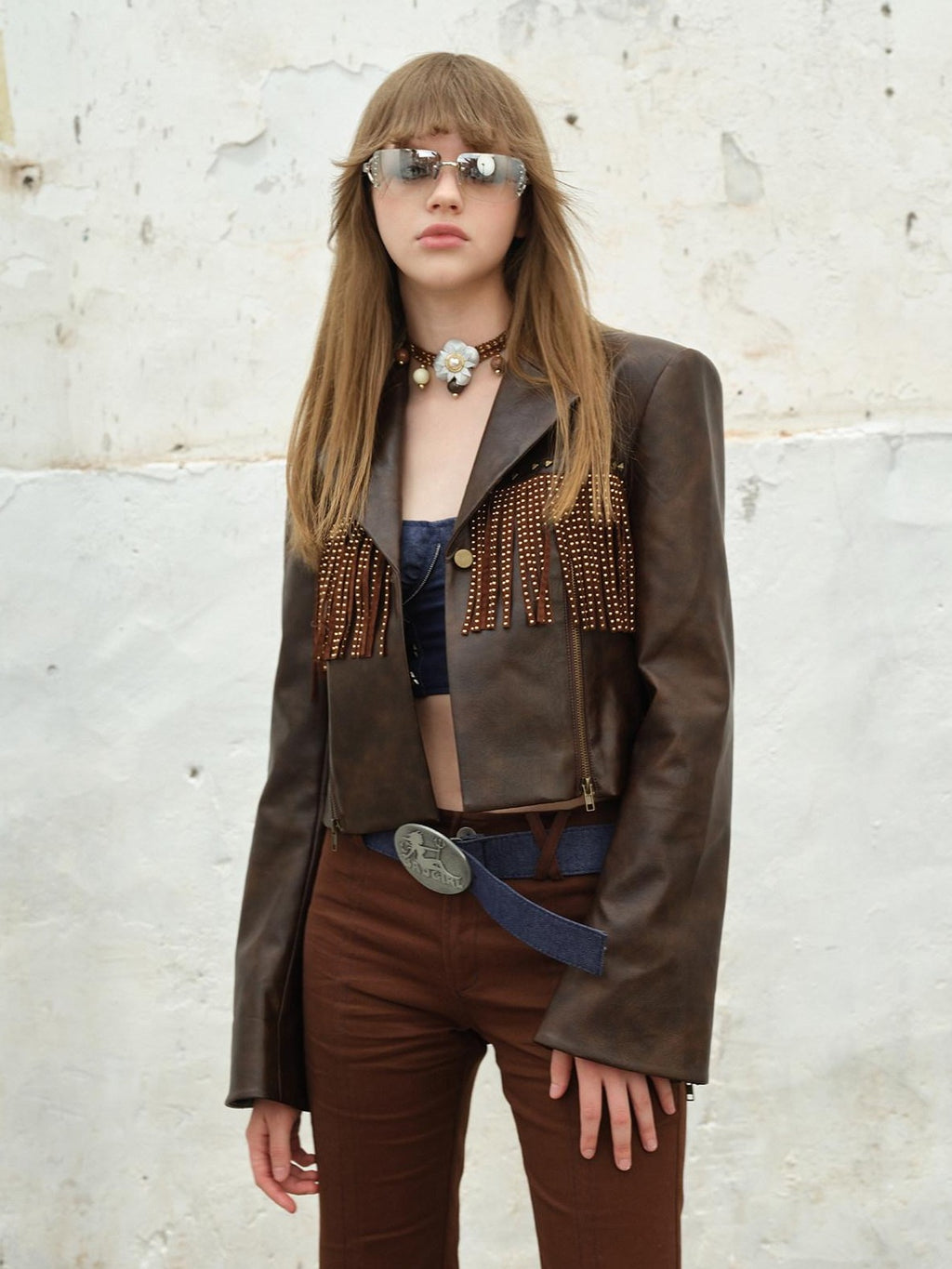 NextPassport MOF Vintage Brown Fringe Notched Lapel Women's Cropped Straight Button Blazers