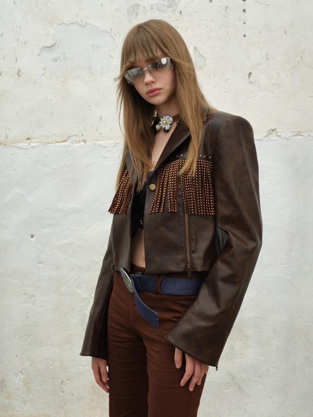 NextPassport MOF Vintage Brown Fringe Notched Lapel Women's Cropped Straight Button Blazers