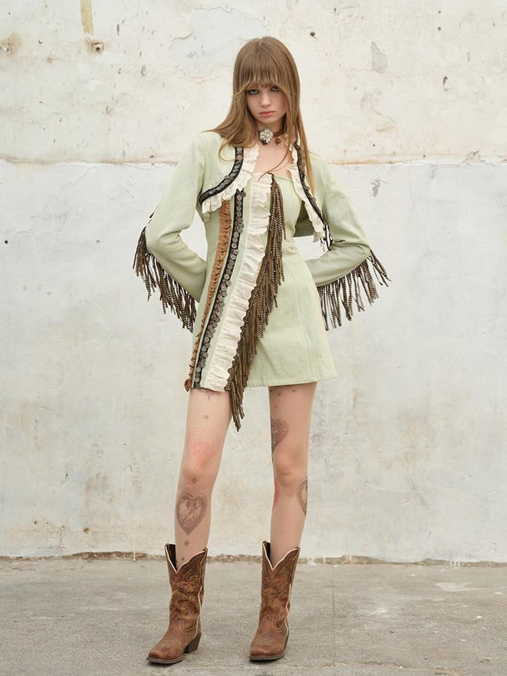 NextPassport MOF Vintage Cropped Suede Stud Fringe Tie Front Women's Cotton Denim Jackets