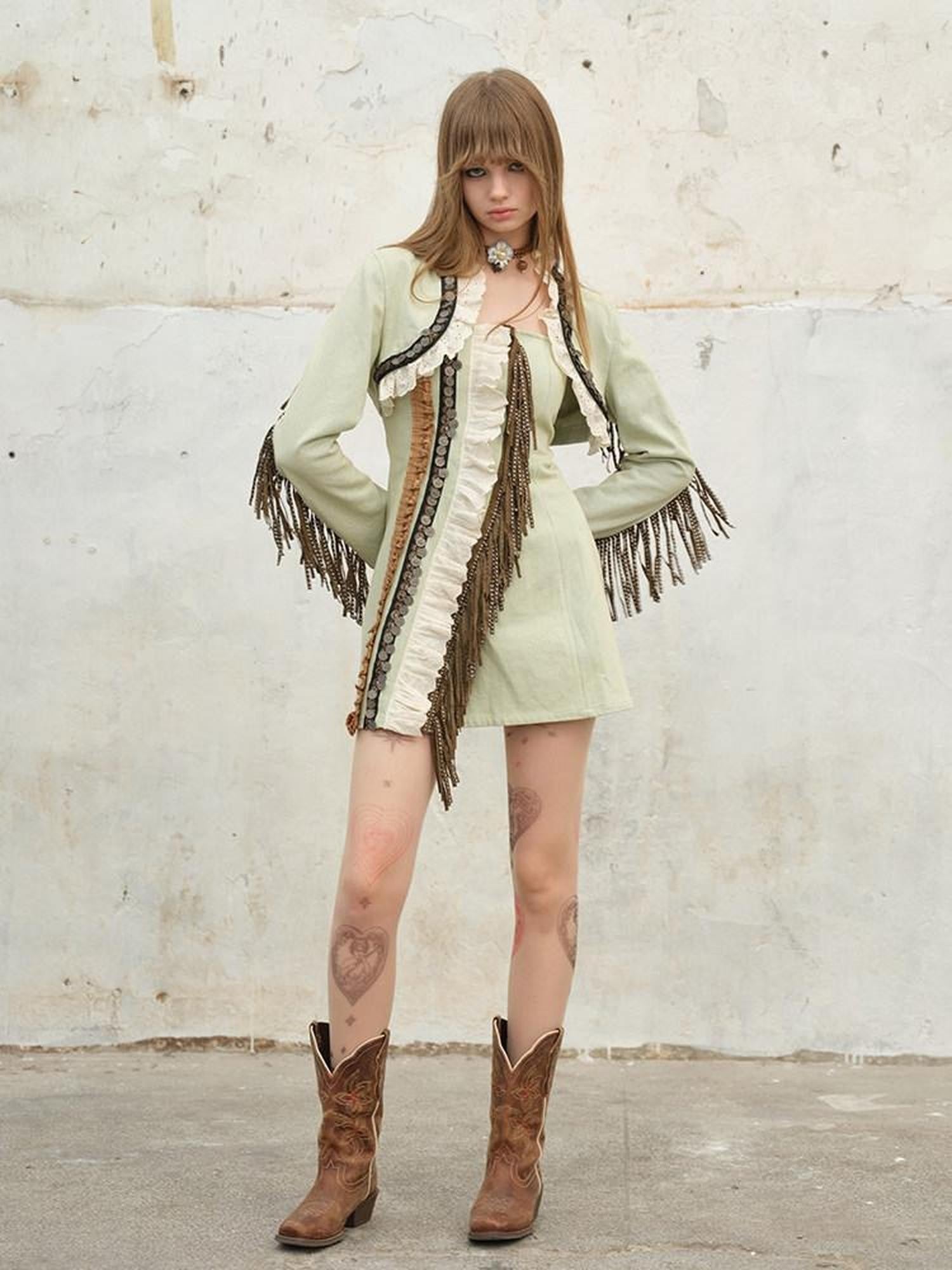 NextPassport MOF Vintage Cropped Suede Stud Fringe Tie Front Women's Cotton Denim Jackets