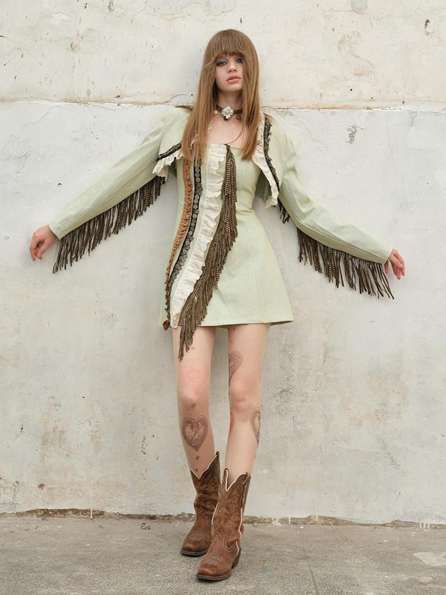 NextPassport MOF Vintage Cropped Suede Stud Fringe Tie Front Women's Cotton Denim Jackets