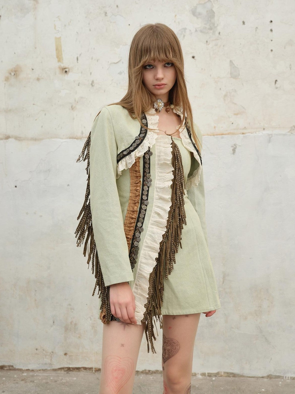 NextPassport MOF Vintage Cropped Suede Stud Fringe Tie Front Women's Cotton Denim Jackets