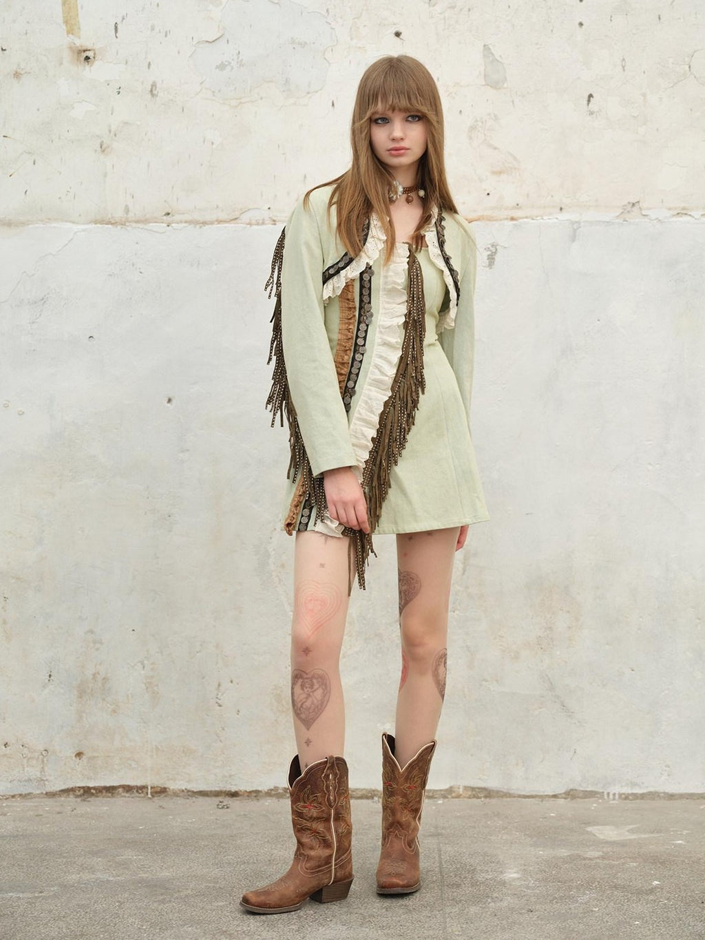 NextPassport MOF Vintage Cropped Suede Stud Fringe Tie Front Women's Cotton Denim Jackets