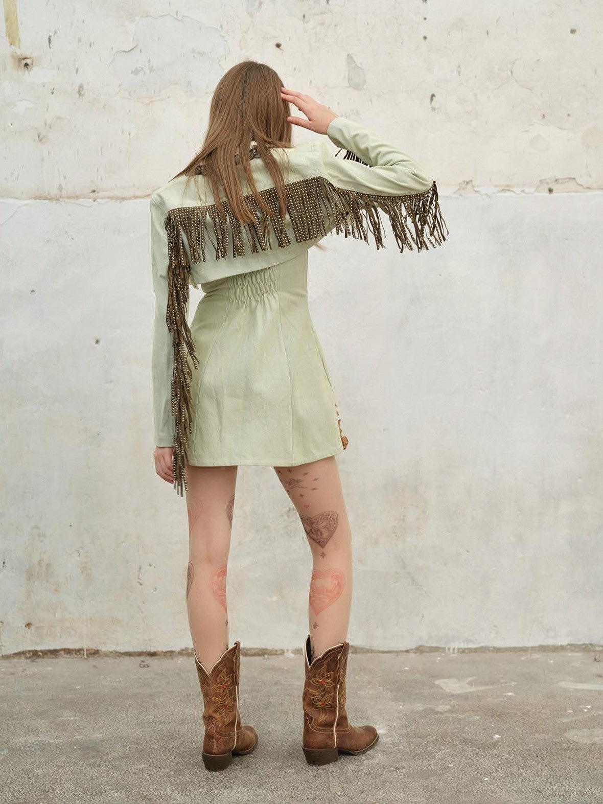 NextPassport MOF Vintage Cropped Suede Stud Fringe Tie Front Women's Cotton Denim Jackets