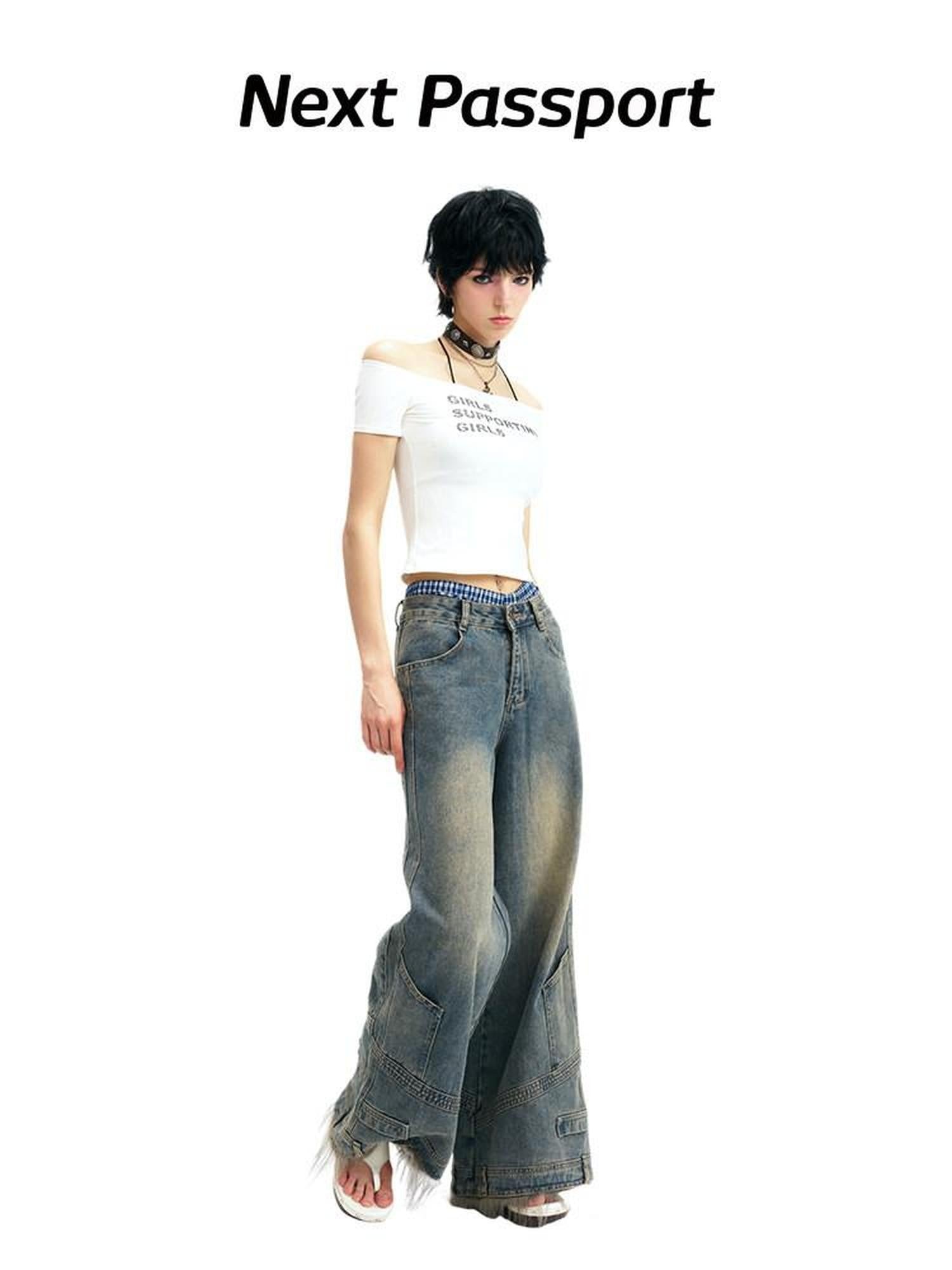 NextPassport MOF Vintage Deconstructed Frayed Hem Zip Fly Women's Denim Wide-leg Jeans