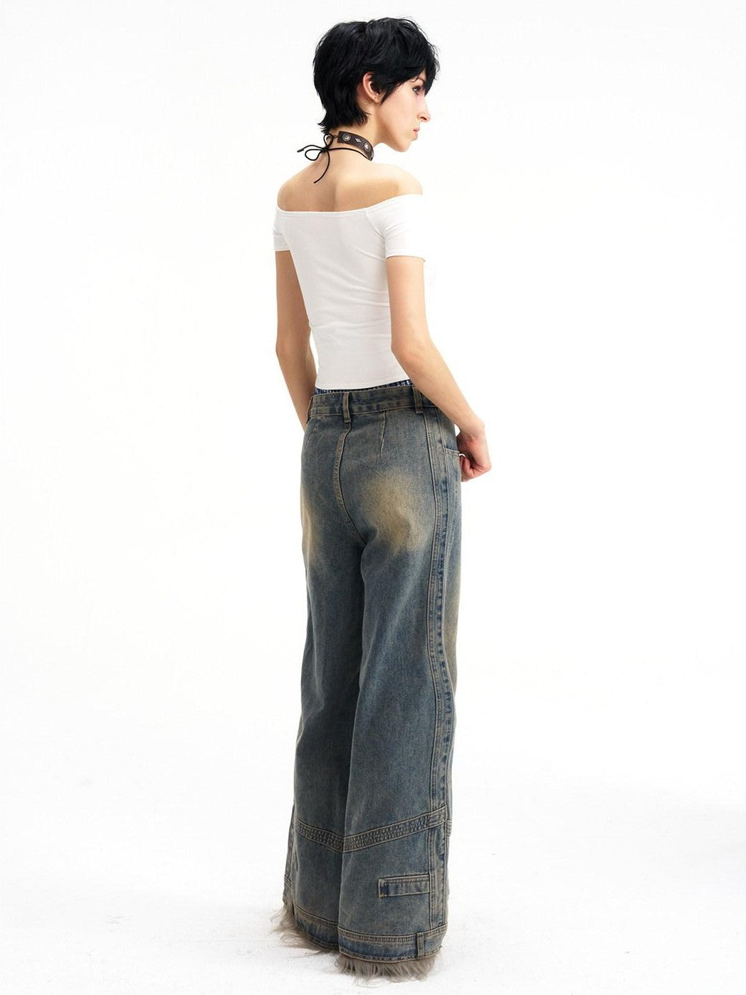 NextPassport MOF Vintage Deconstructed Frayed Hem Zip Fly Women's Denim Wide-leg Jeans