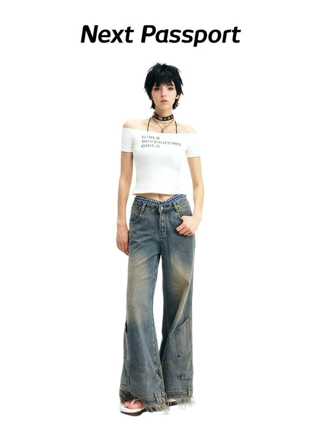 NextPassport MOF Vintage Deconstructed Frayed Hem Zip Fly Women's Denim Wide-leg Jeans