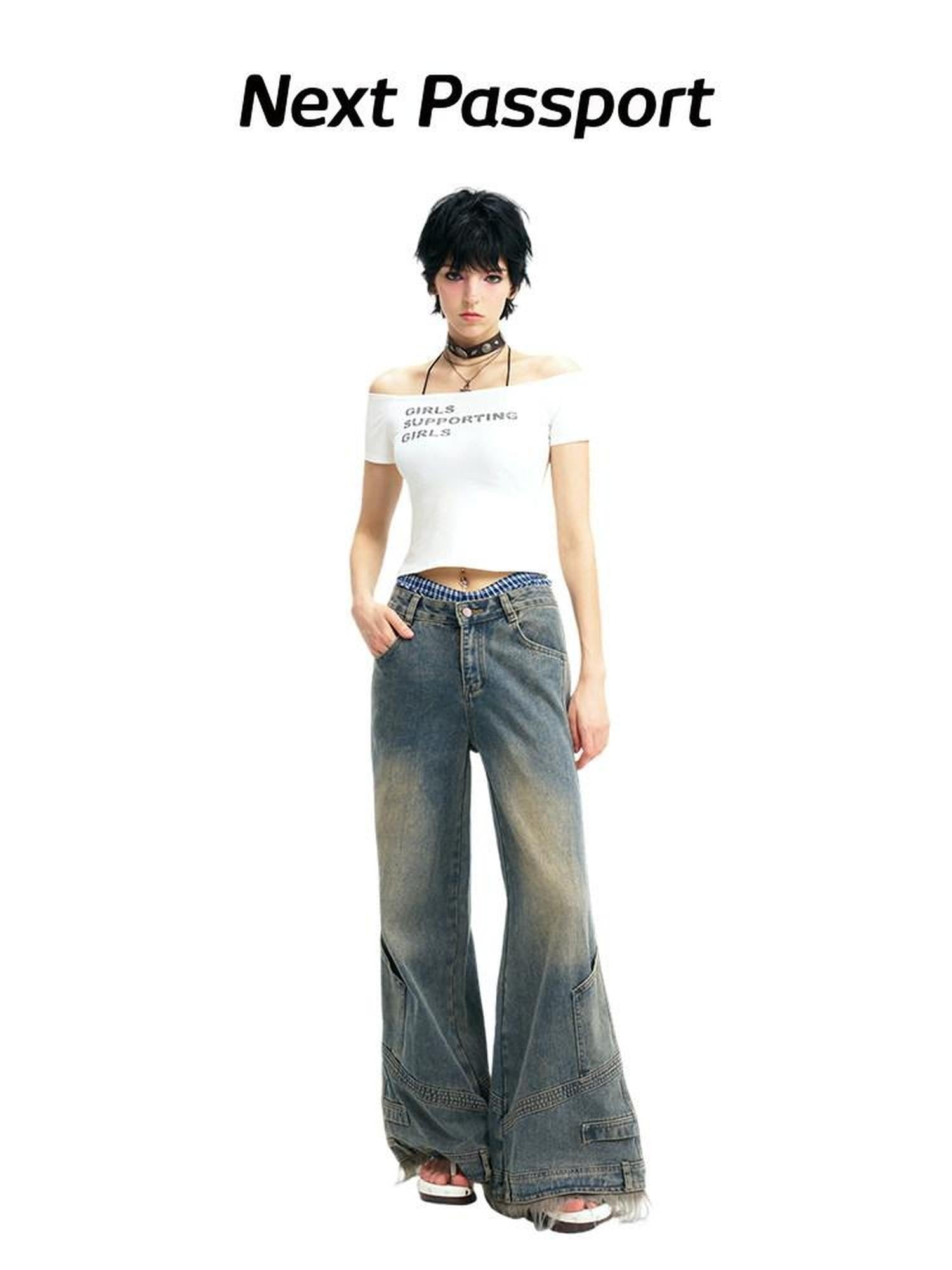 NextPassport MOF Vintage Deconstructed Frayed Hem Zip Fly Women's Denim Wide-leg Jeans