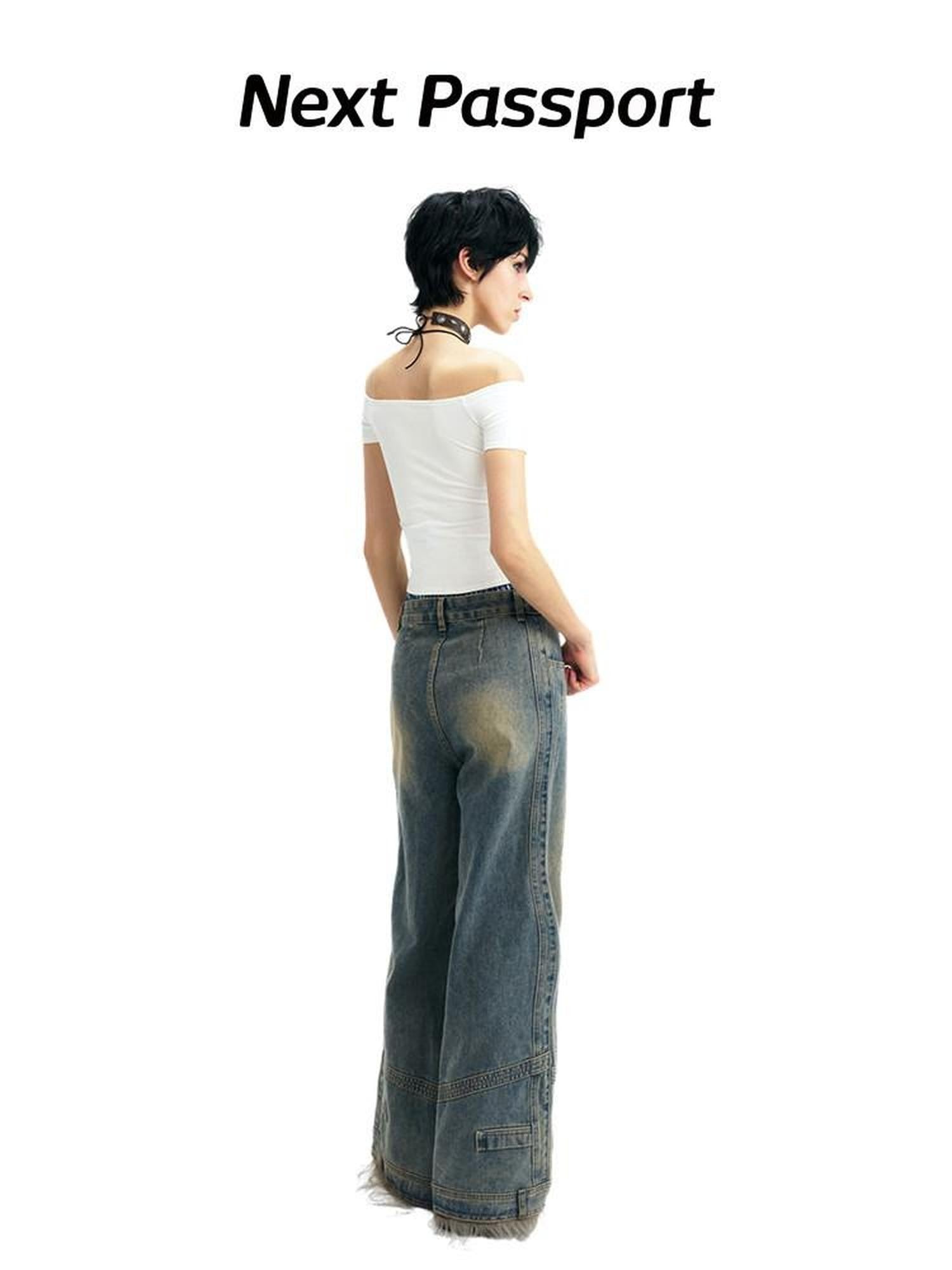 NextPassport MOF Vintage Deconstructed Frayed Hem Zip Fly Women's Denim Wide-leg Jeans
