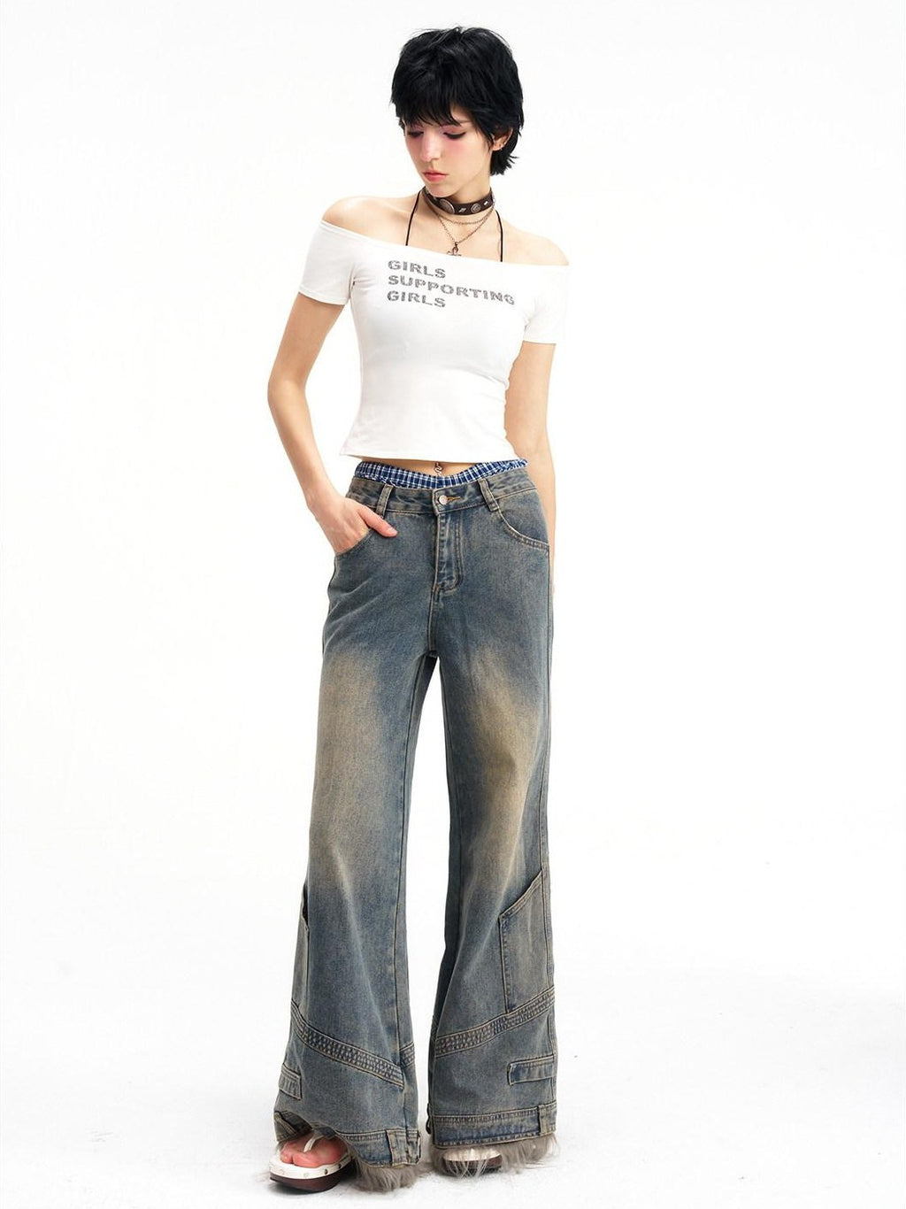 NextPassport MOF Vintage Deconstructed Frayed Hem Zip Fly Women's Denim Wide-leg Jeans