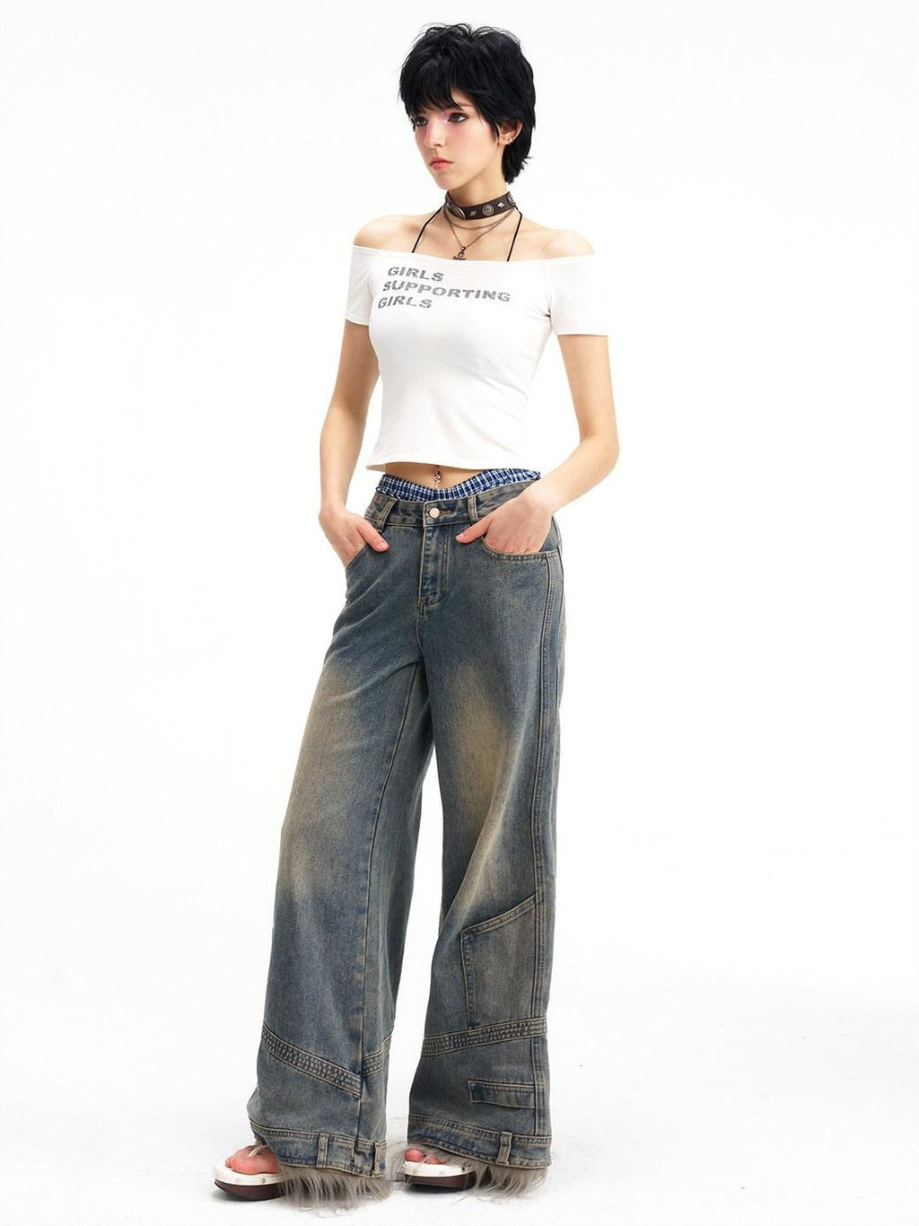 NextPassport MOF Vintage Deconstructed Frayed Hem Zip Fly Women's Denim Wide-leg Jeans