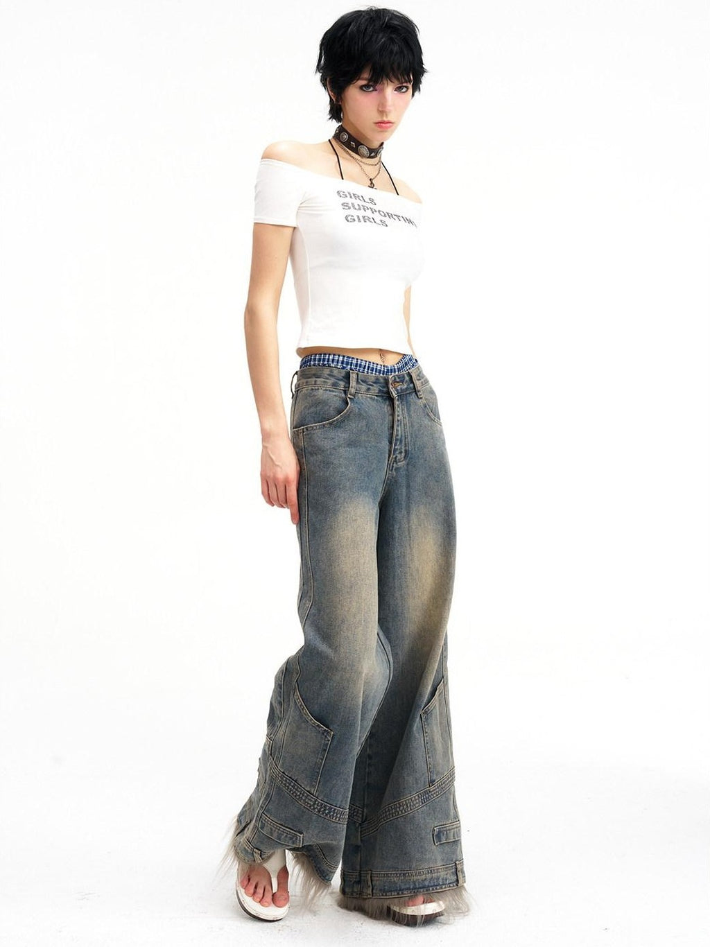 NextPassport MOF Vintage Deconstructed Frayed Hem Zip Fly Women's Denim Wide-leg Jeans