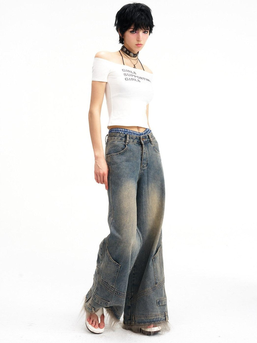 NextPassport MOF Vintage Deconstructed Frayed Hem Zip Fly Women's Denim Wide-leg Jeans