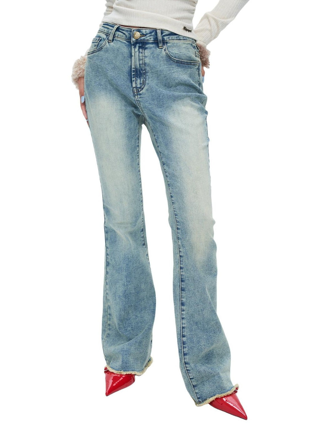 NextPassport MOF Vintage Distressed Blue Wash Slight Stretch Women's Cotton Blend Bootcut Jeans