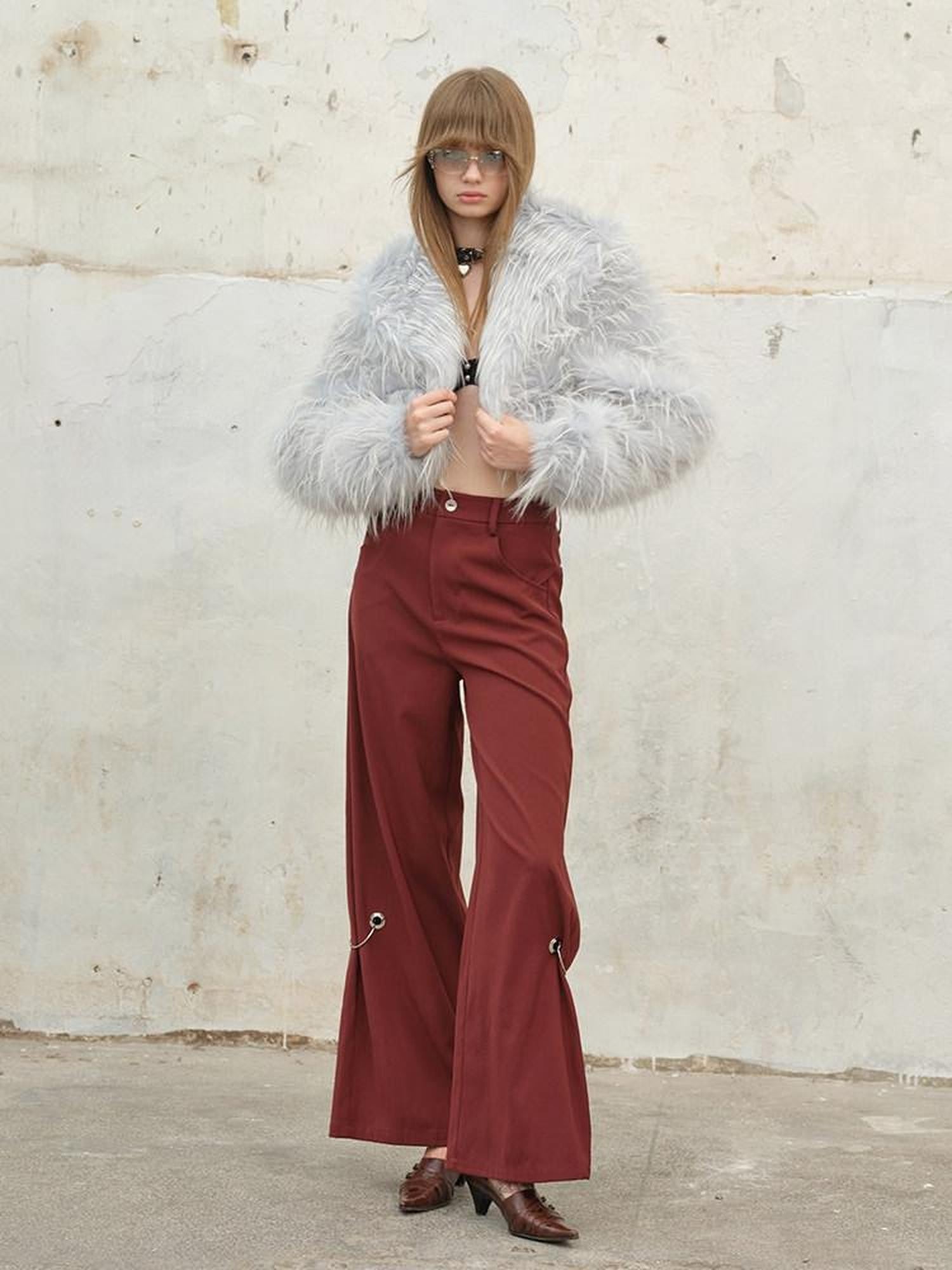 NextPassport MOF Vintage Fringe Cropped Solid Lapel Button High Waist Women's Faux Fur Coats