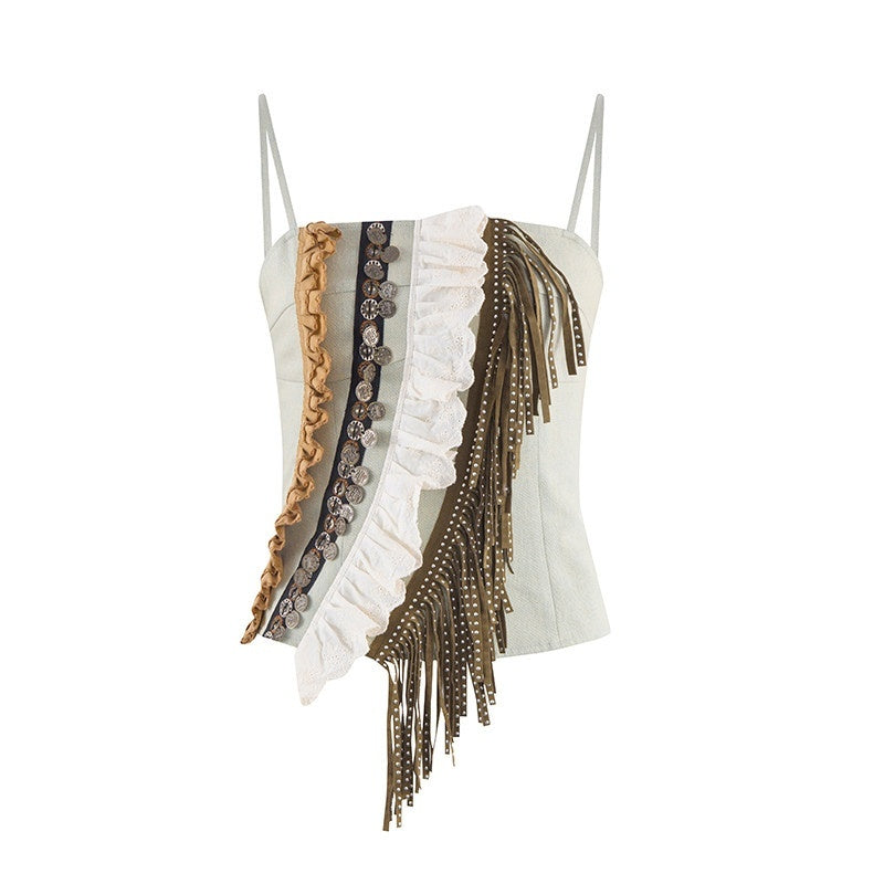 NextPassport_MOF_Vintage_Lace_Ruffle_Asymmetric_Tassel_Strap_Women's_Suede_Denim_Camisoles_700990656284_MISSTT