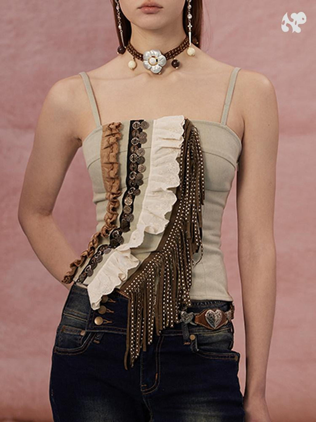 NextPassport MOF Vintage Lace Ruffle Asymmetric Tassel Strap Women's Suede Denim Camisoles