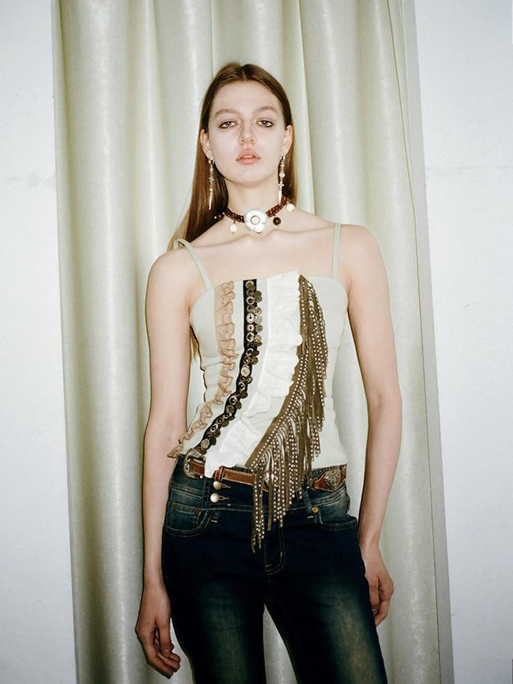 NextPassport MOF Vintage Lace Ruffle Asymmetric Tassel Strap Women's Suede Denim Camisoles