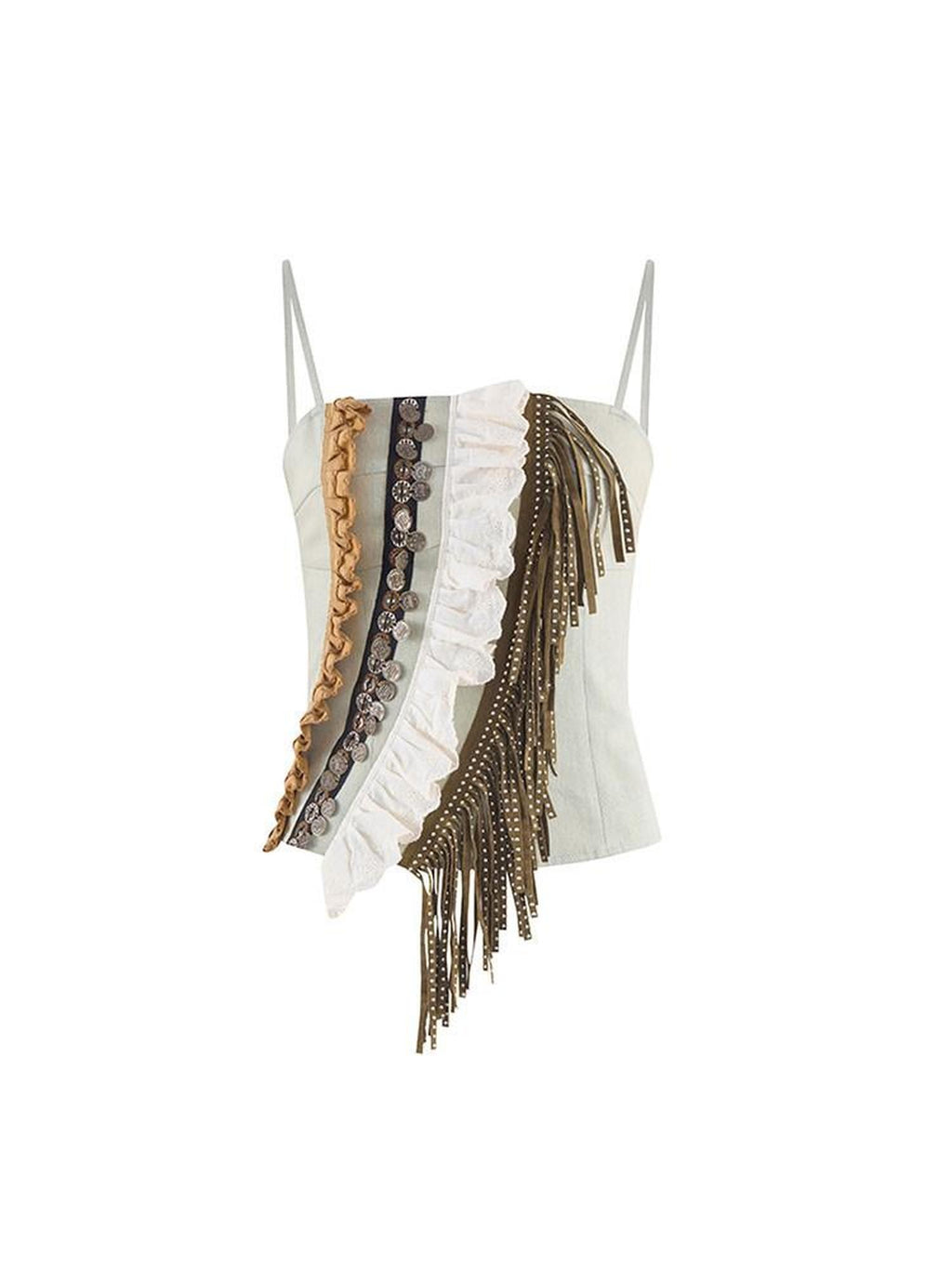 NextPassport MOF Vintage Lace Ruffle Asymmetric Tassel Strap Women's Suede Denim Camisoles