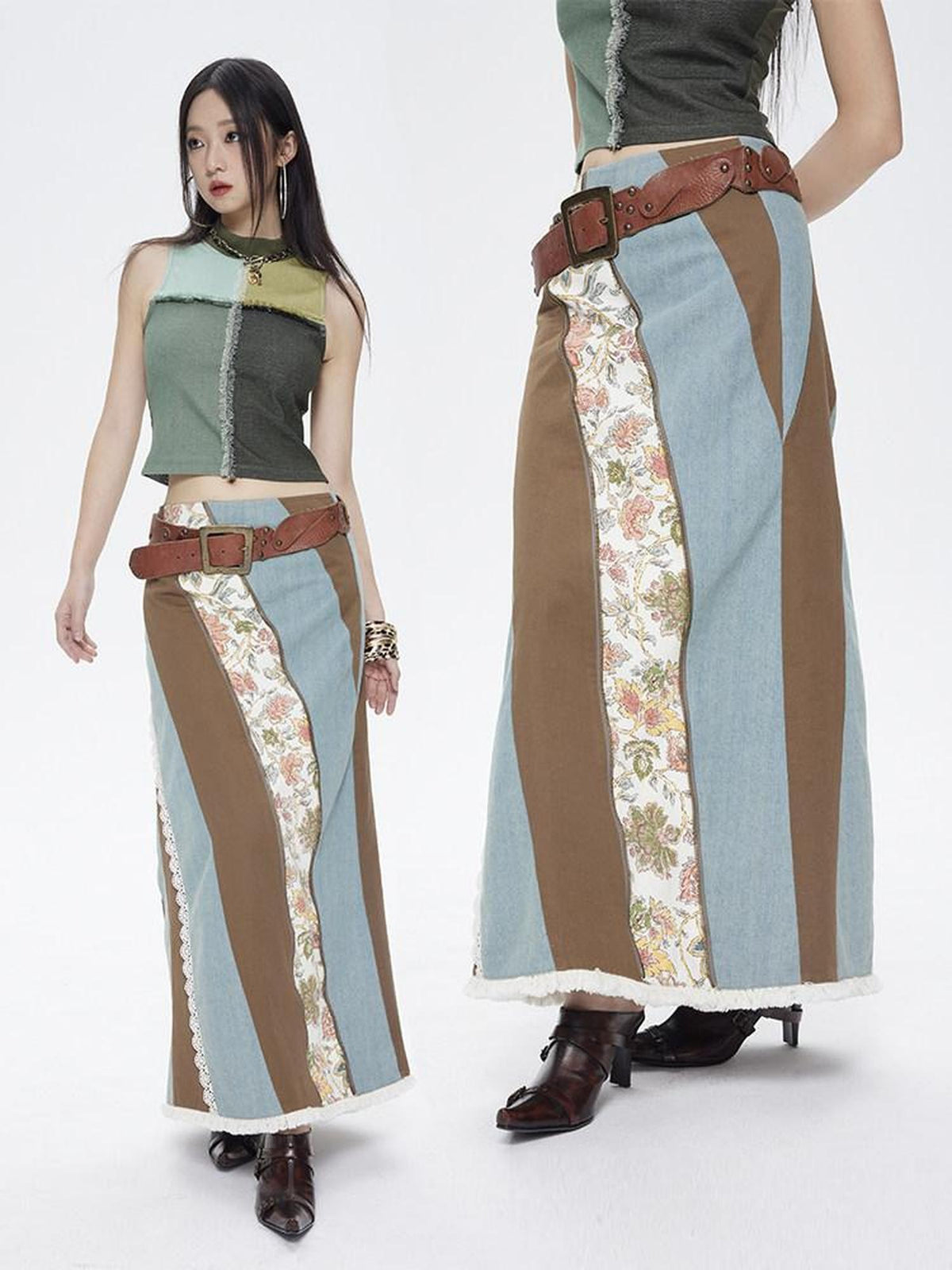 NextPassport MOF Vintage Tri Color Swirl Patchwork Low Waist Women's Denim Maxi Skirts