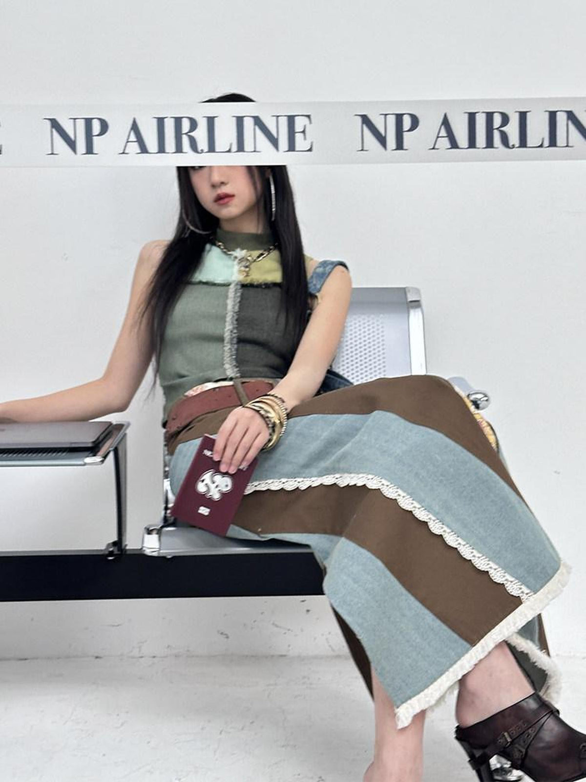 NextPassport MOF Vintage Tri Color Swirl Patchwork Low Waist Women's Denim Maxi Skirts