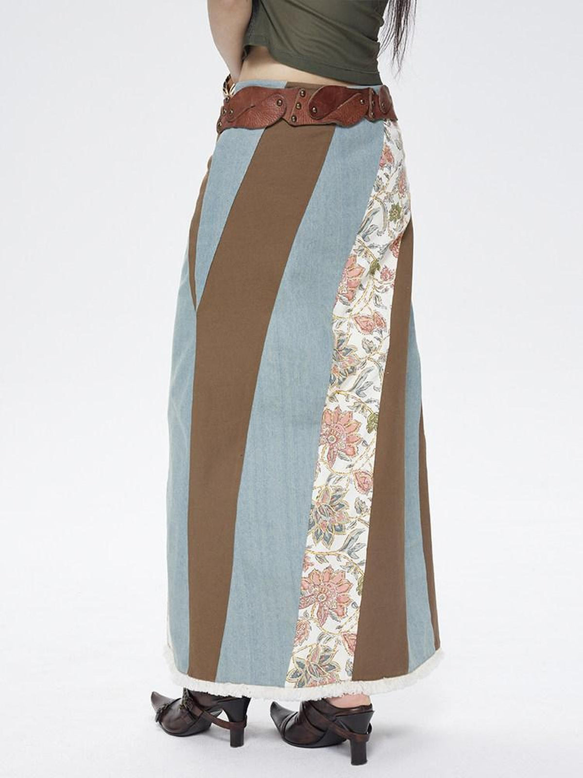NextPassport MOF Vintage Tri Color Swirl Patchwork Low Waist Women's Denim Maxi Skirts