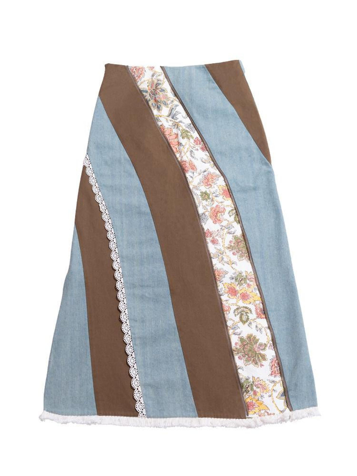 NextPassport MOF Vintage Tri Color Swirl Patchwork Low Waist Women's Denim Maxi Skirts