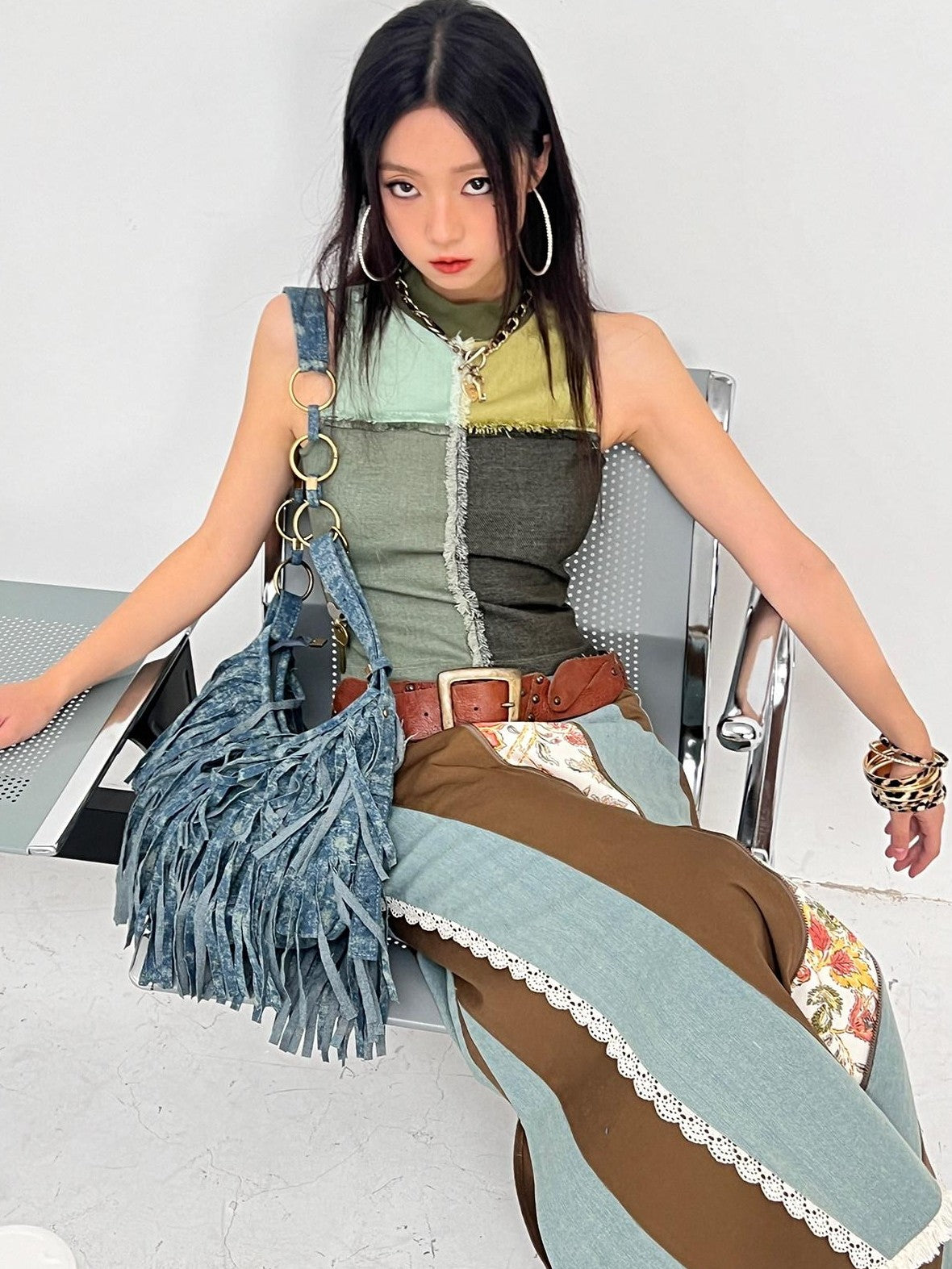 NextPassport MOF Vintage Tri Color Swirl Patchwork Low Waist Women's Denim Maxi Skirts