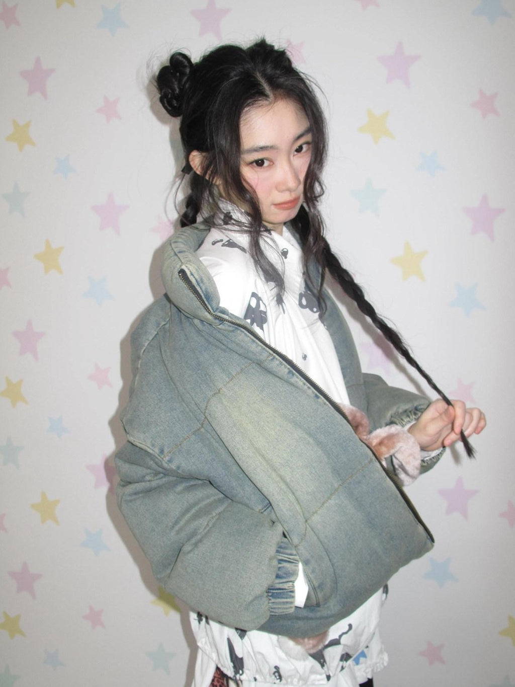 NextPassport MOF Washed Blue Denim Zip Front Casual Women's Denim Down Jackets