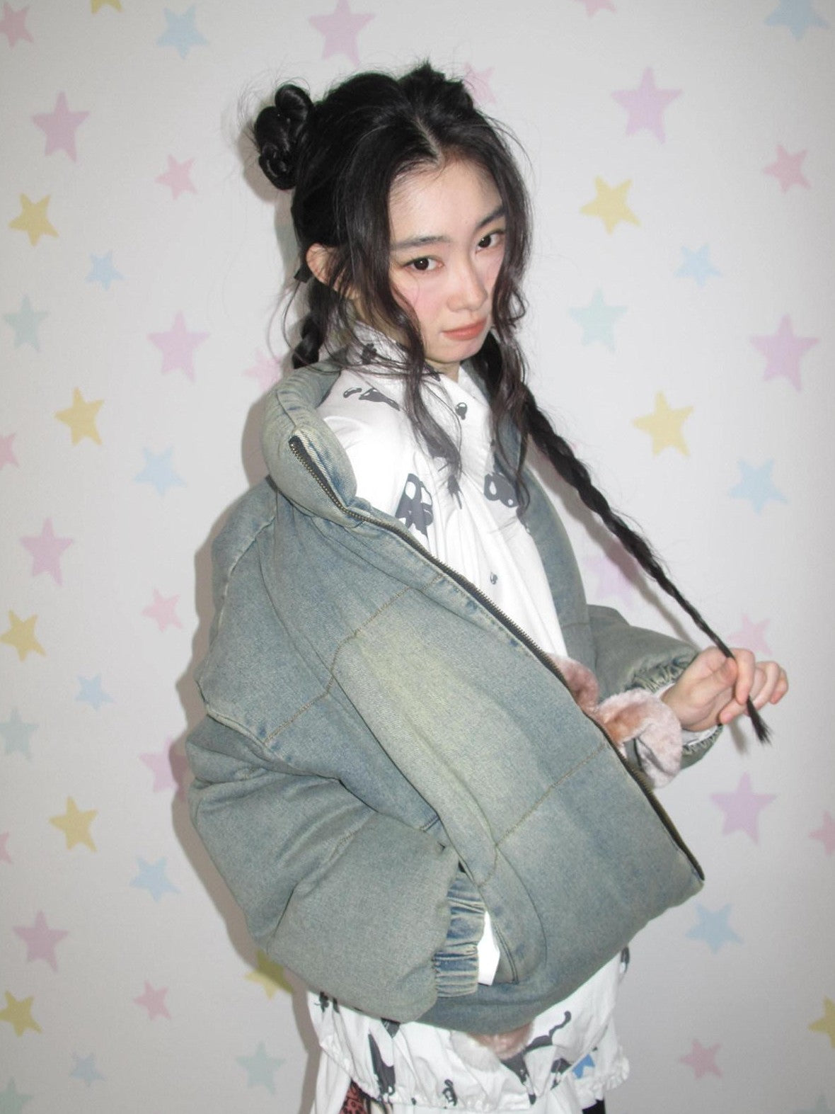 NextPassport MOF Washed Blue Denim Zip Front Casual Women's Denim Down Jackets