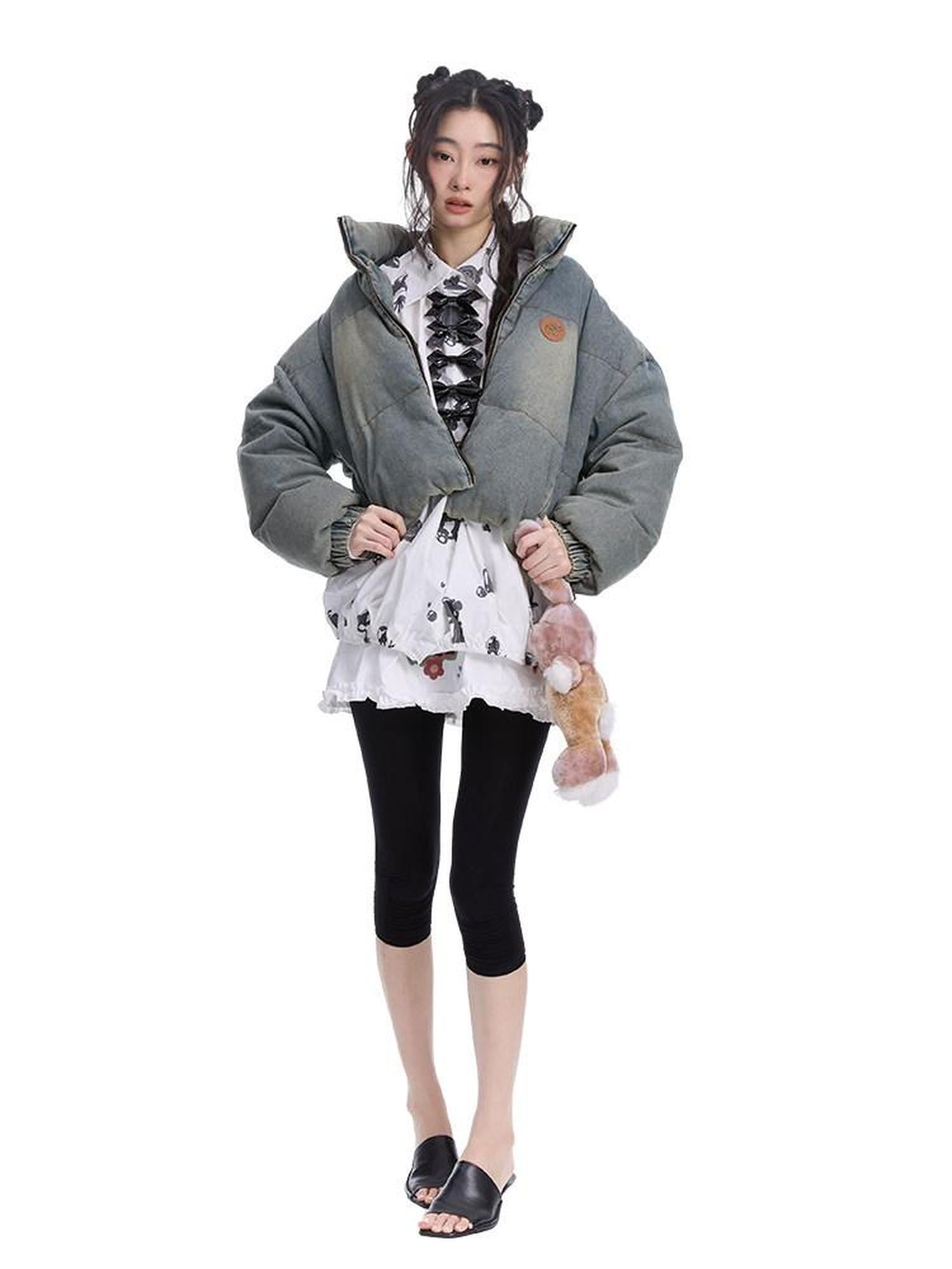 NextPassport MOF Washed Blue Denim Zip Front Casual Women's Denim Down Jackets