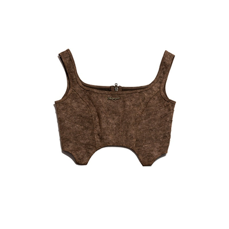 NextPassport_MOF_Wasteland_Brown_Shark_Pleat_Vest_Women's_Cotton_Matching_Skirt_Sets_814795431601_MISSTT