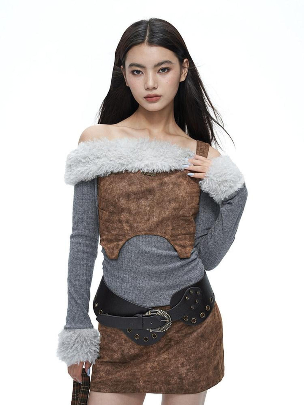 NextPassport MOF Wasteland Brown Shark Pleat Vest Women's Cotton Matching Skirt Sets