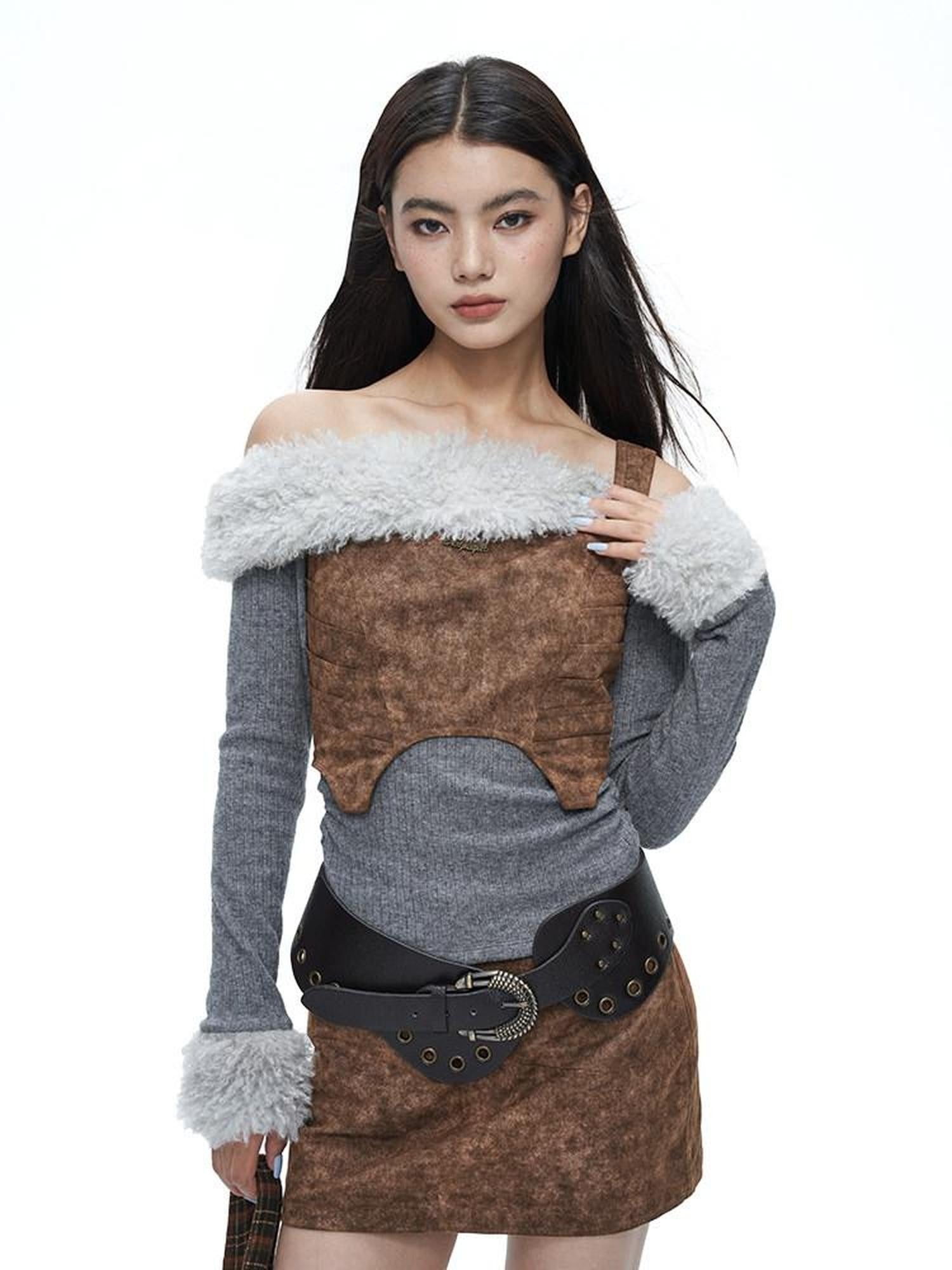 NextPassport MOF Wasteland Brown Shark Pleat Vest Women's Cotton Matching Skirt Sets