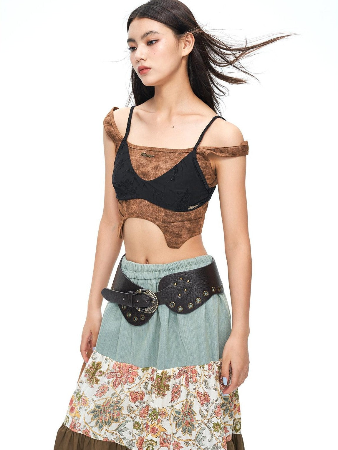 NextPassport MOF Wasteland Brown Shark Pleat Vest Women's Cotton Matching Skirt Sets