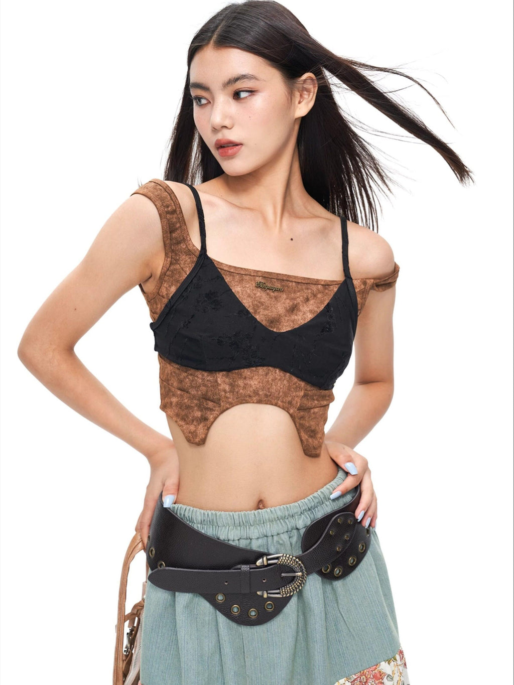 NextPassport MOF Wasteland Brown Shark Pleat Vest Women's Cotton Matching Skirt Sets