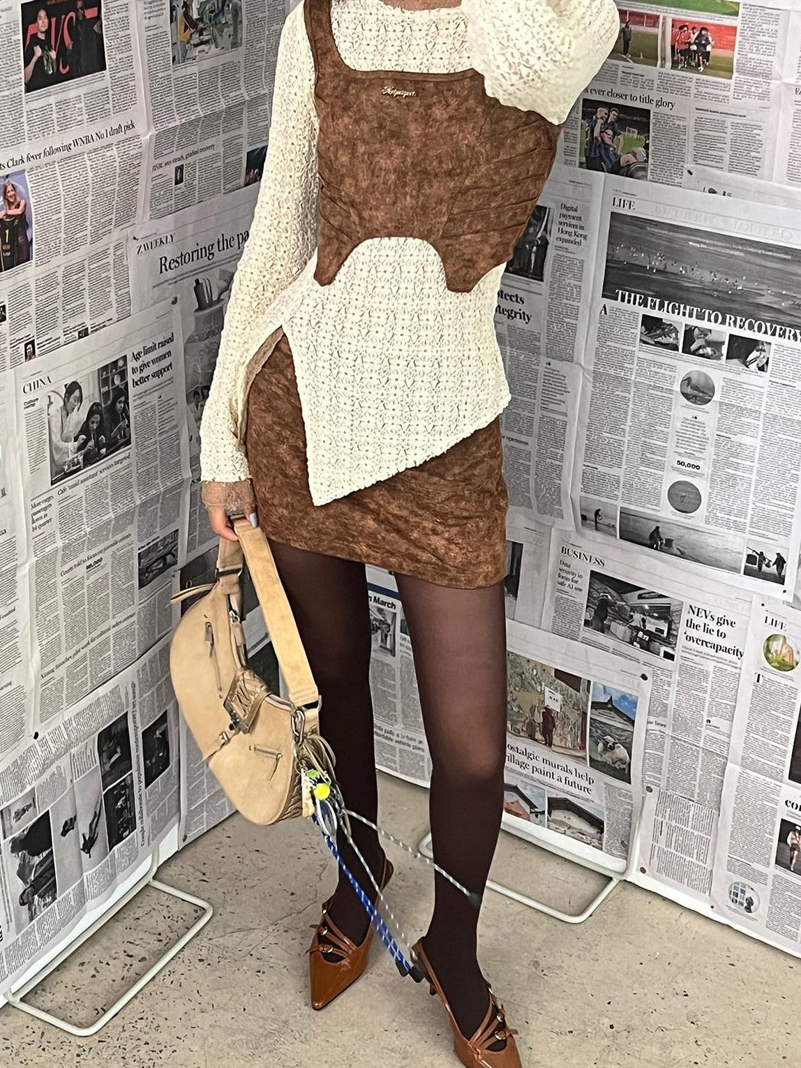 NextPassport MOF Wasteland Brown Shark Pleat Vest Women's Cotton Matching Skirt Sets