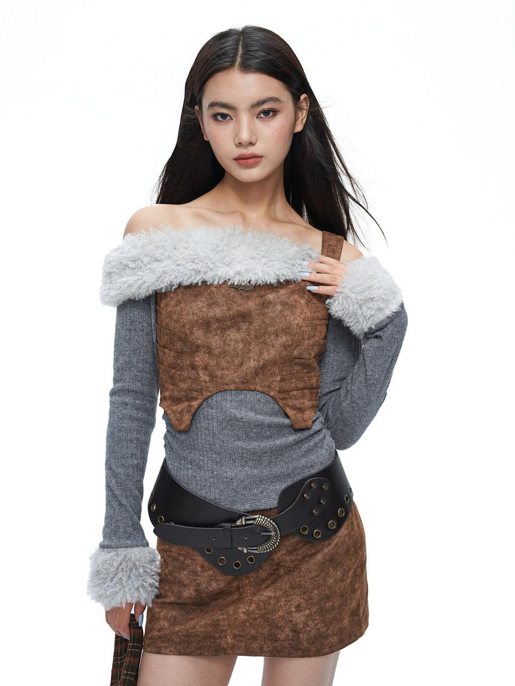 NextPassport MOF Wasteland Brown Shark Pleat Vest Women's Cotton Matching Skirt Sets
