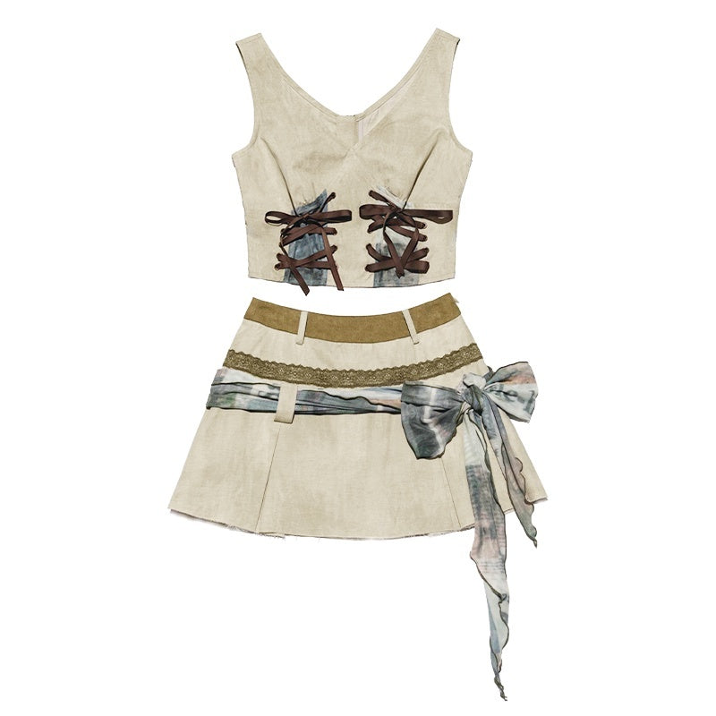NextPassport_MOF_Wasteland_Double_Tie_Strap_Patchwork_Women's_Cotton_Blend_Matching_Skirt_Sets_950938373836_MISSTT