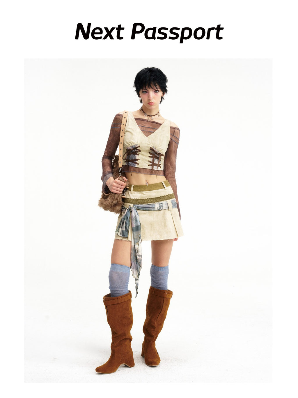 NextPassport MOF Wasteland Double Tie Strap Patchwork Women's Cotton Blend Matching Skirt Sets